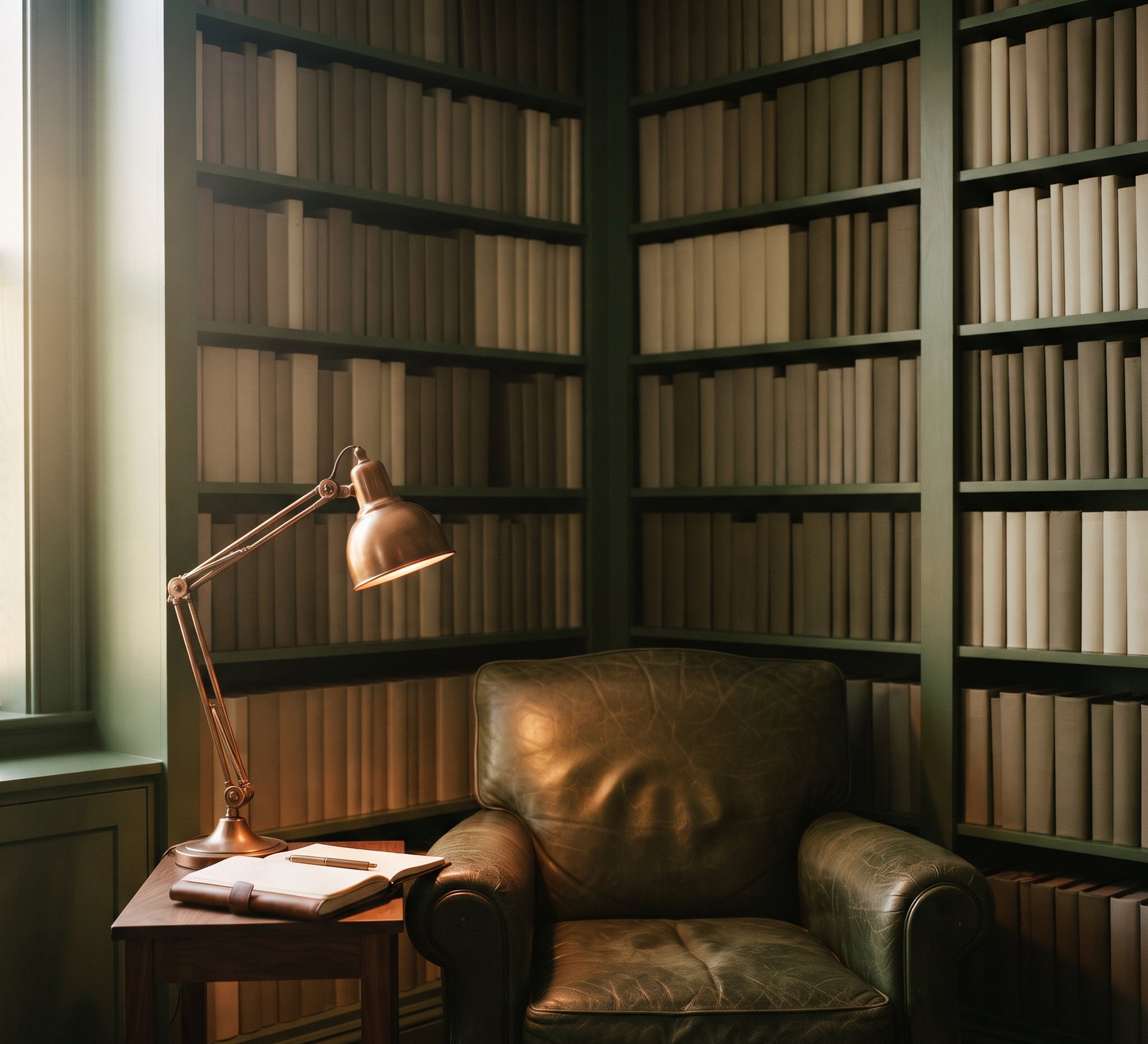 Sala de leitura com estante e poltrona de couro verde