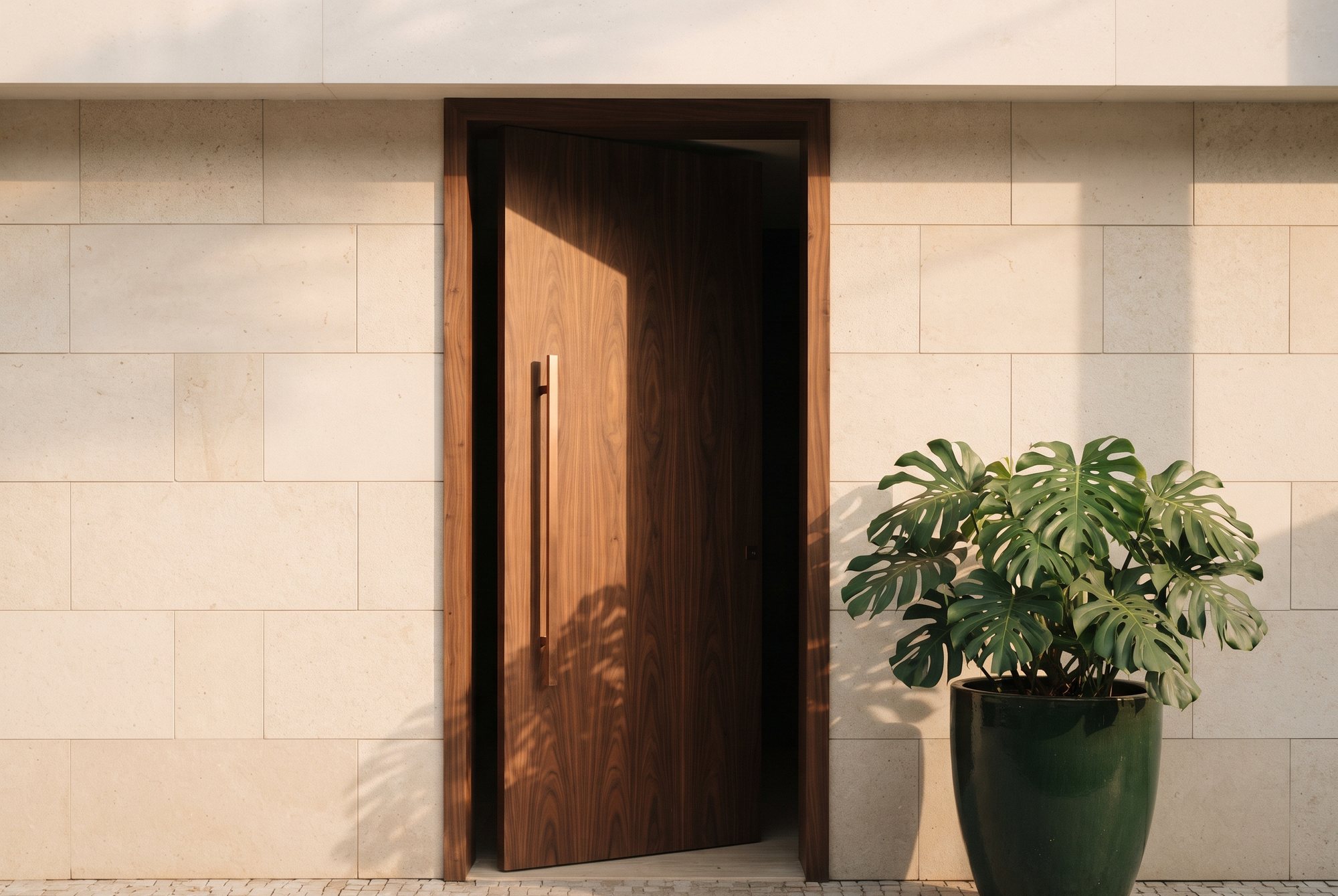 Entrada do escritório com porta de madeira e maçaneta de cobre